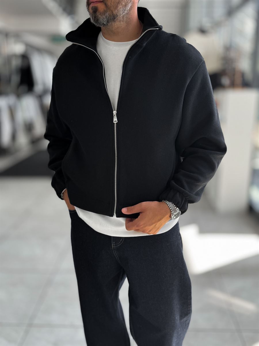 Black Knitted Zip-Up Knit Sweatshirt HM-