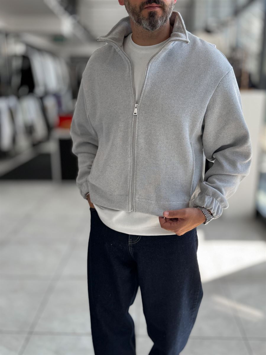 Light Gray Knitted Zip-Up Knit Sweatshirt HM-