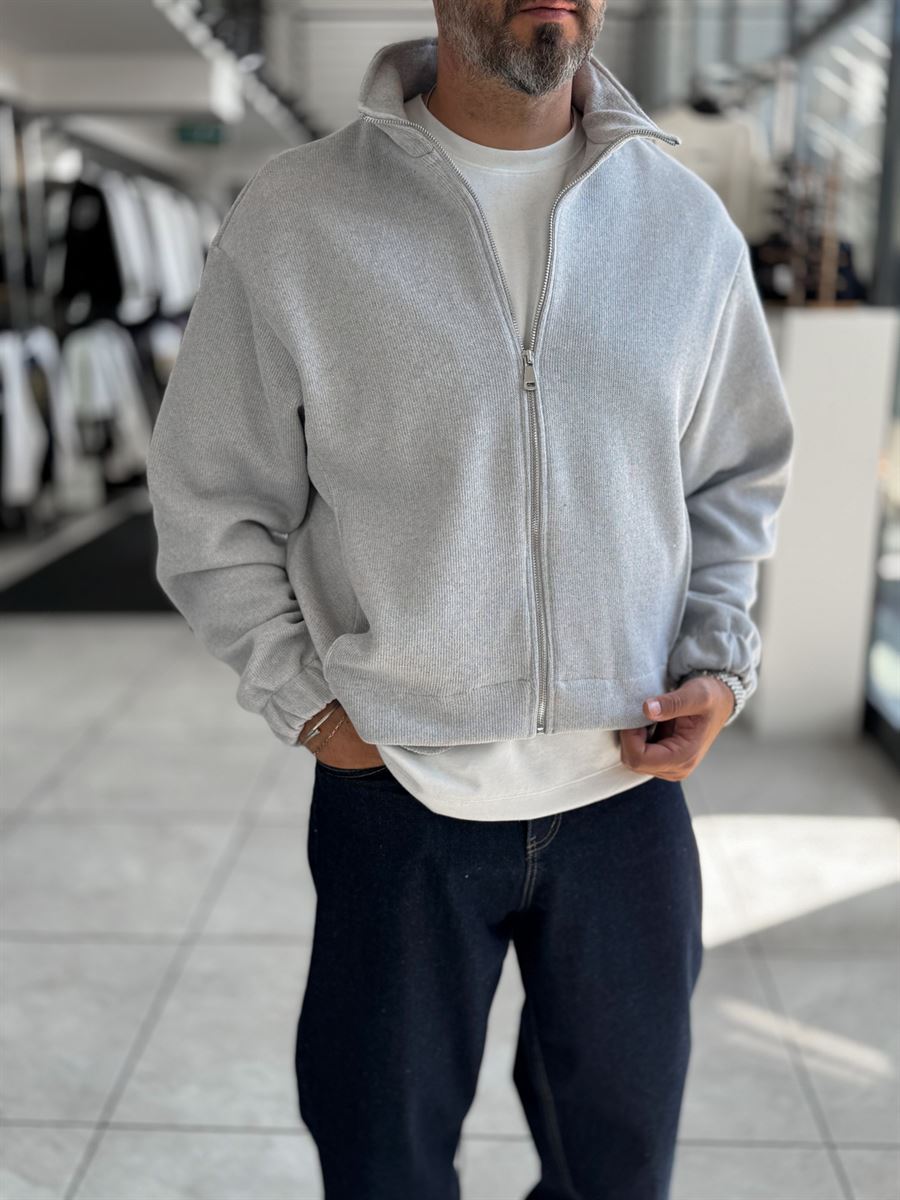 Light Gray Knitted Zip-Up Knit Sweatshirt HM-