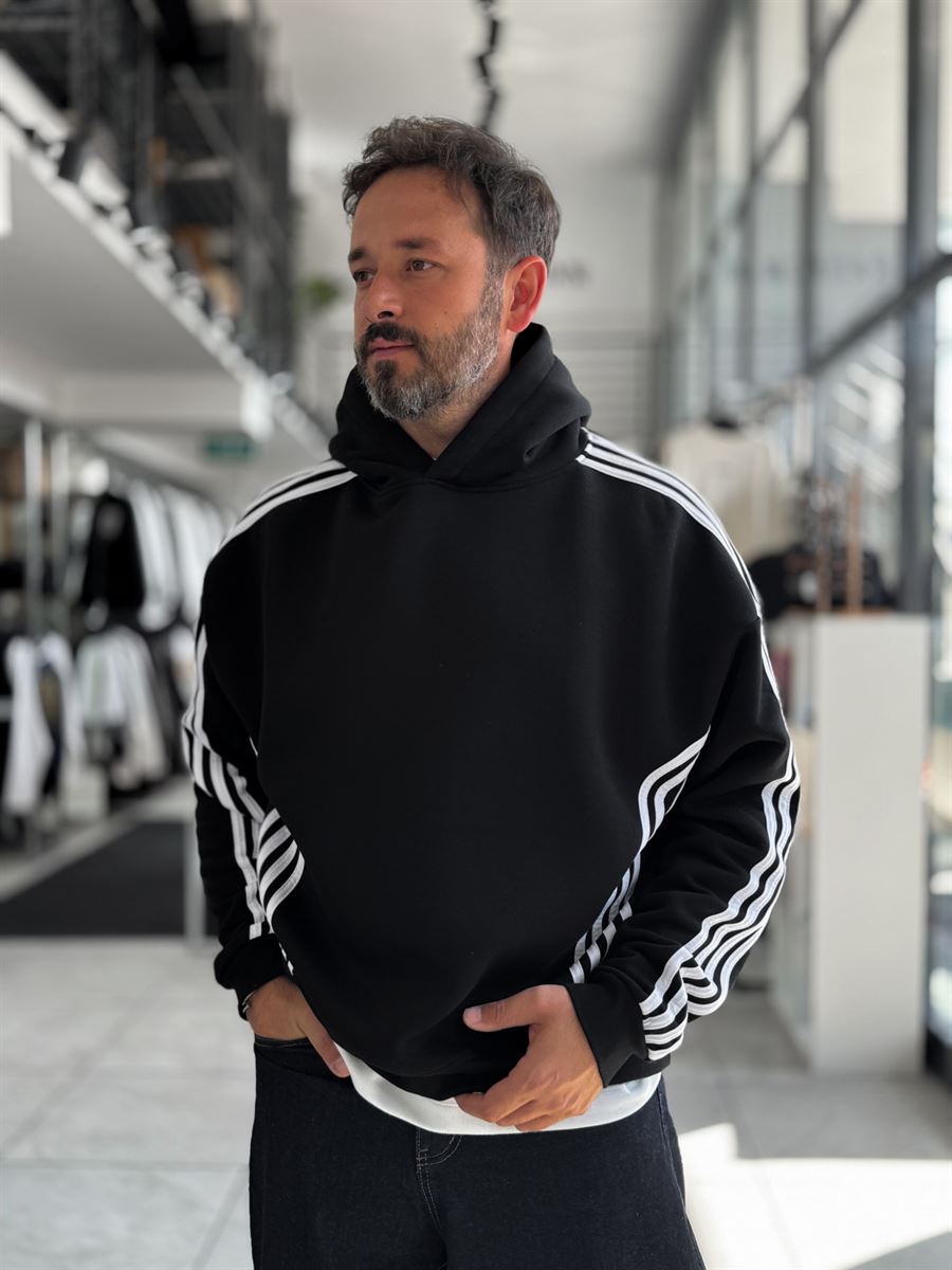 Black Striped Detail Hooded Sweatshirt HM