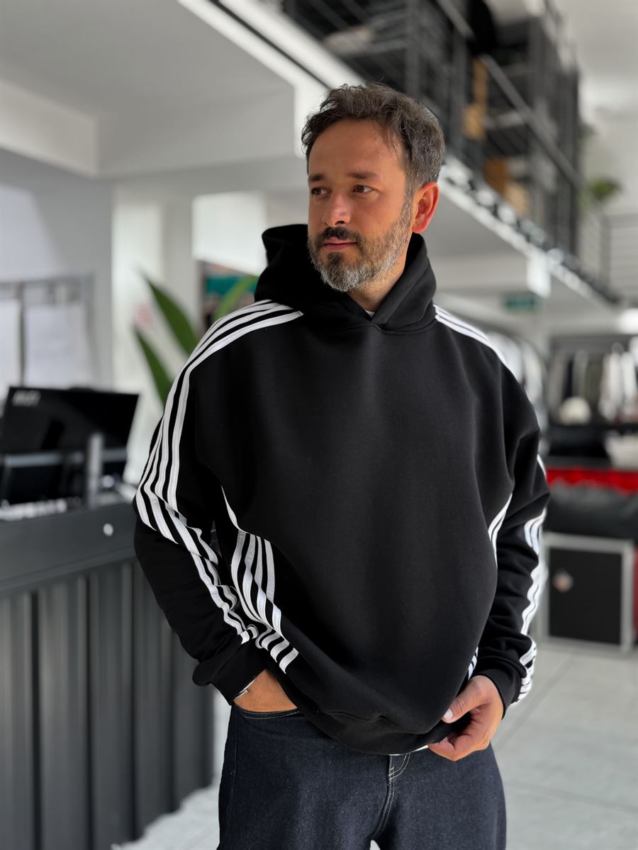 Black Striped Detail Hooded Sweatshirt HM