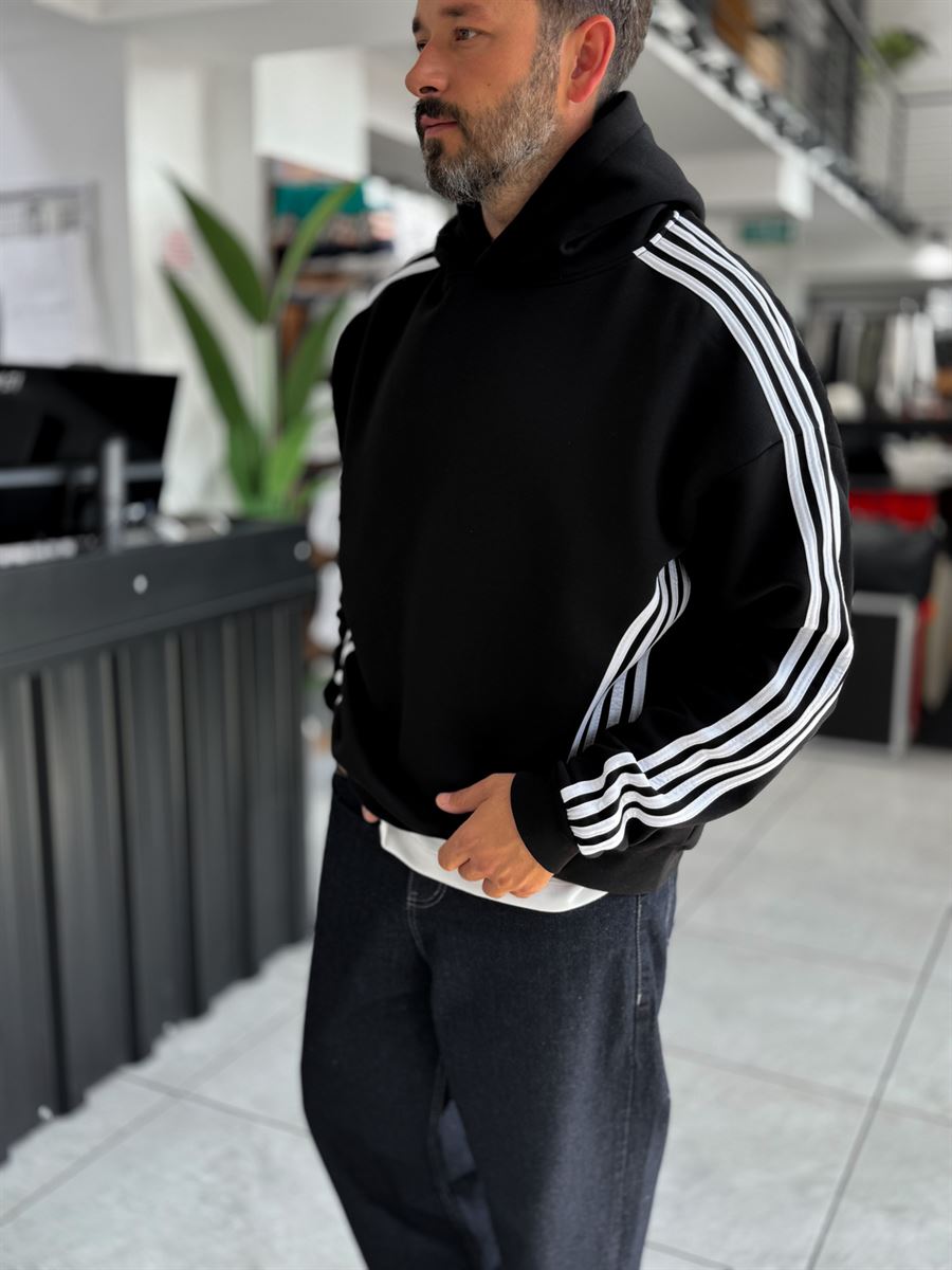 Black Striped Detail Hooded Sweatshirt HM