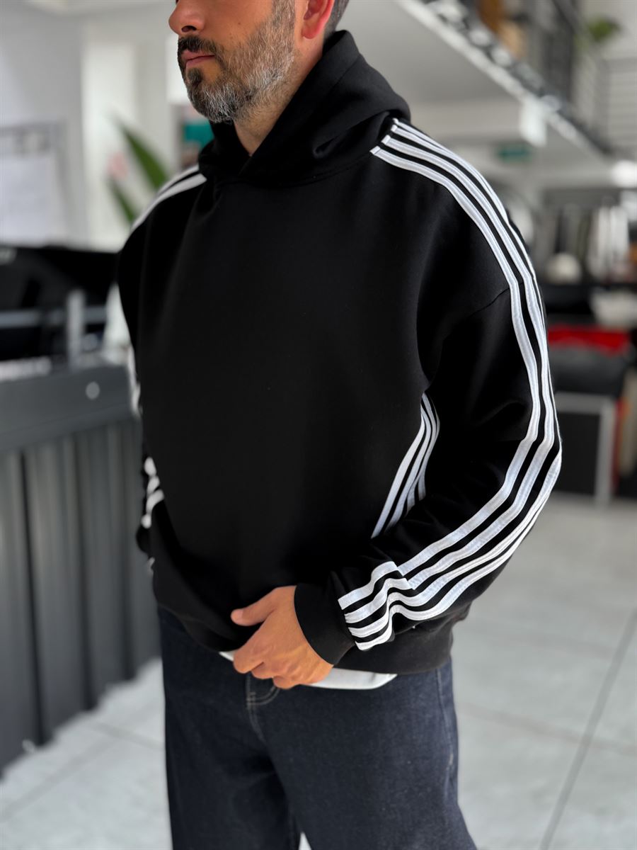 Black Striped Detail Hooded Sweatshirt HM