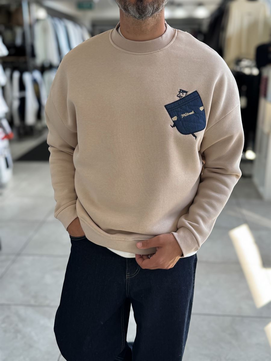 Beige 114 Street Embroidered Oversized Sweatshirt HM-