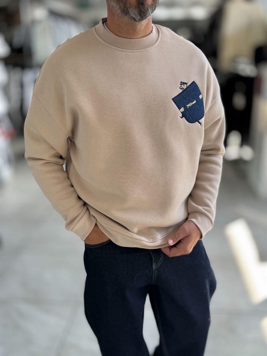 Beige 114 Street Embroidered Oversized Sweatshirt HM-