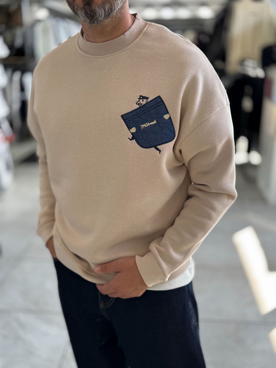 Beige 114 Street Embroidered Oversized Sweatshirt HM-