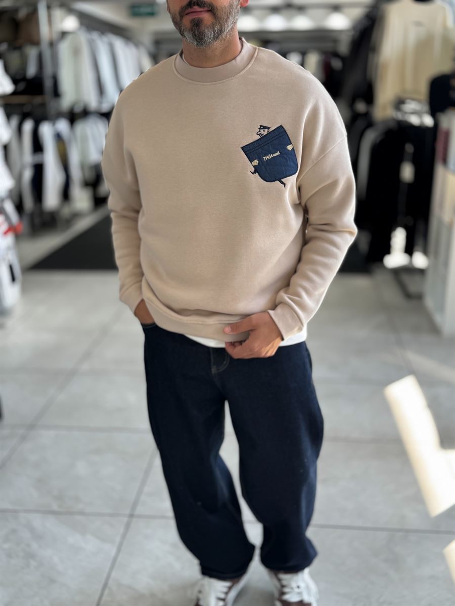 Beige 114 Street Embroidered Oversized Sweatshirt HM-