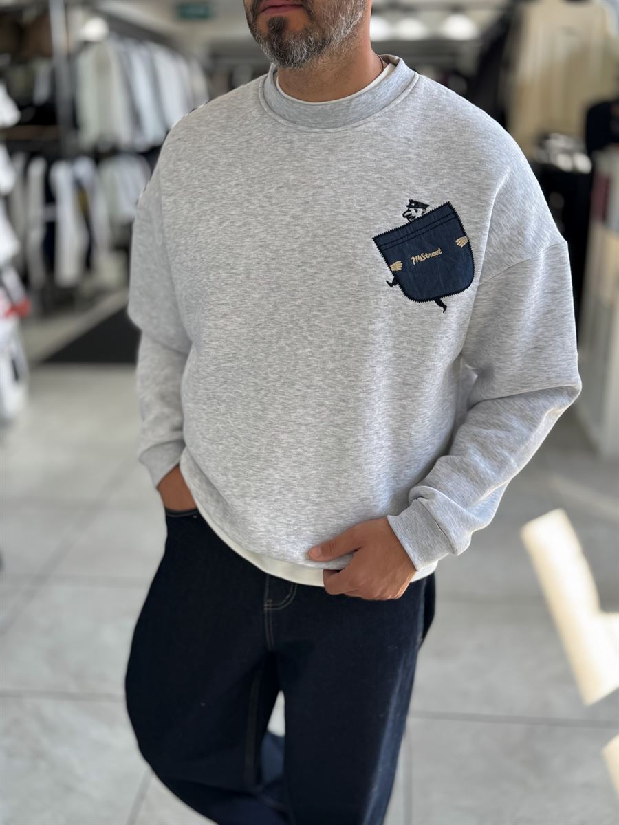 Light Gray 114 Street Embroidered Oversized Sweatshirt HM-