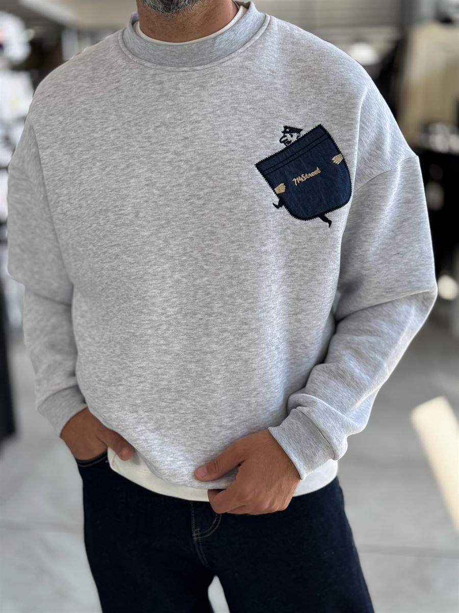 Light Gray 114 Street Embroidered Oversized Sweatshirt HM-