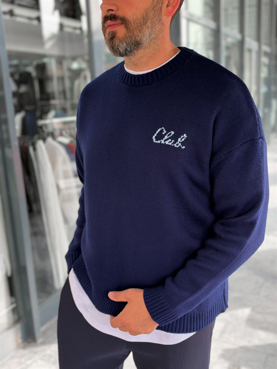 Navy Blue Club Knitted Oversized Sweatshirt PM-025