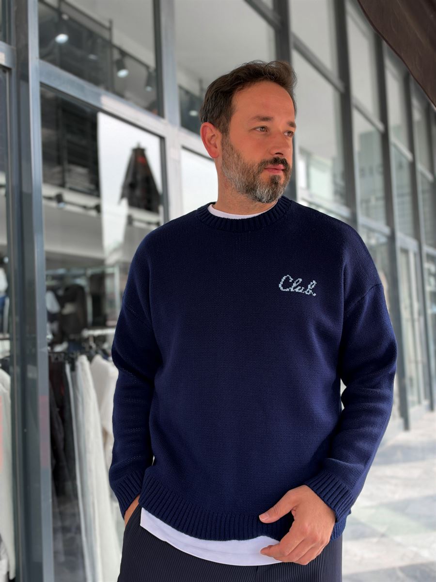 Navy Blue Club Knitted Oversized Sweatshirt PM-025