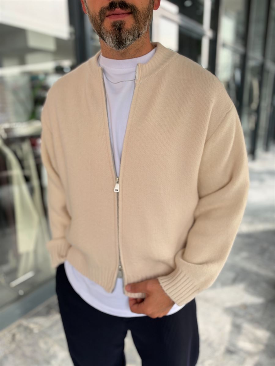 Beige Basic Zip-Up Knit Cardigan PM-017