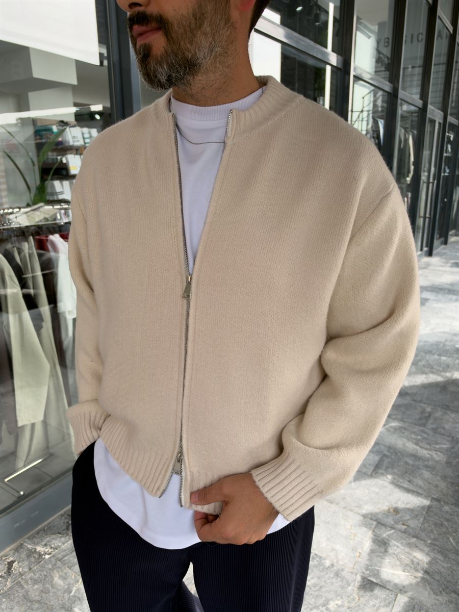Beige Basic Zip-Up Knit Cardigan PM-017