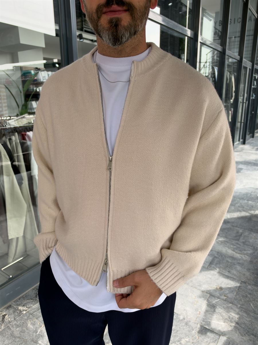 Beige Basic Zip-Up Knit Cardigan PM-017