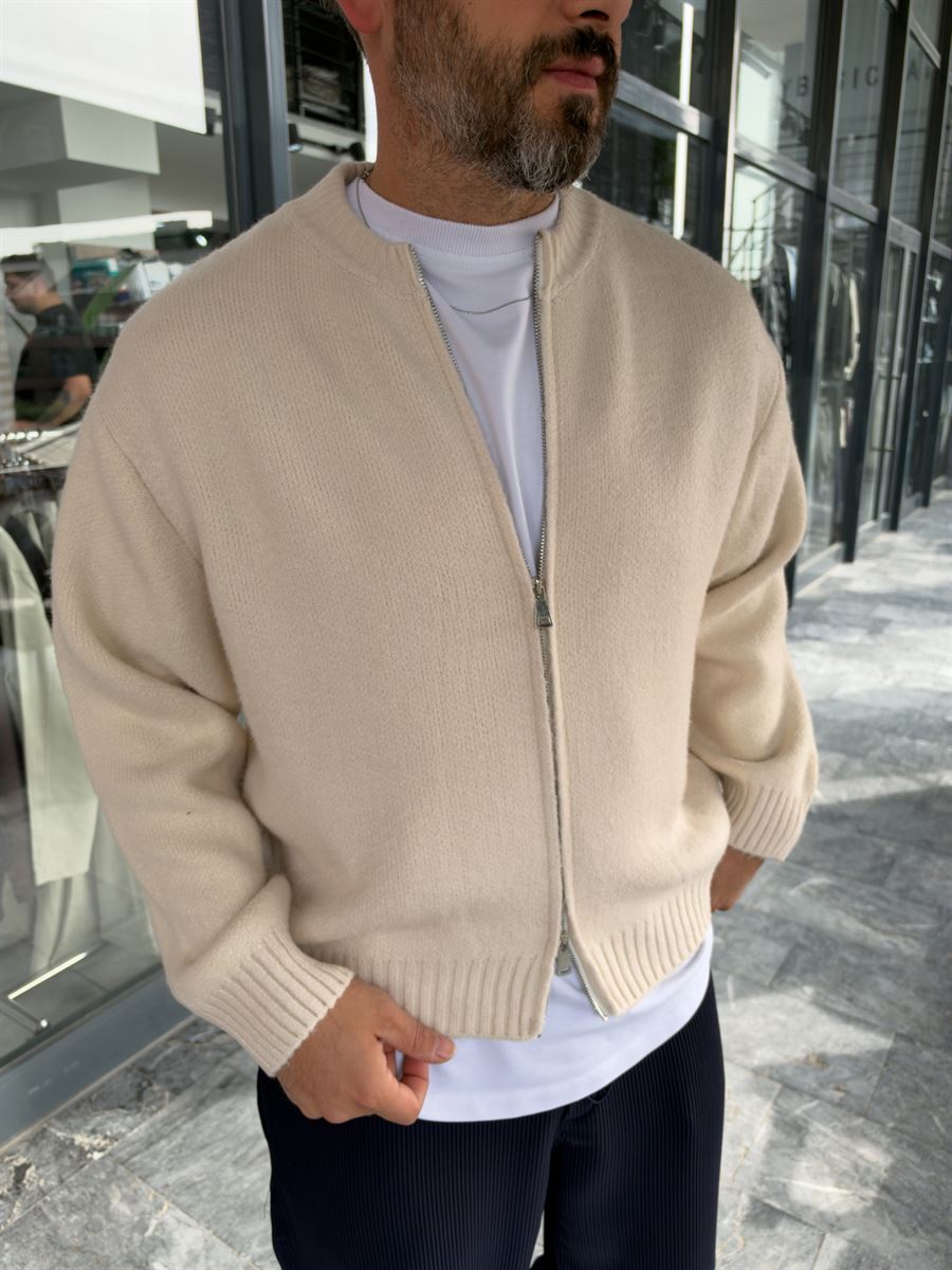 Beige Basic Zip-Up Knit Cardigan PM-017