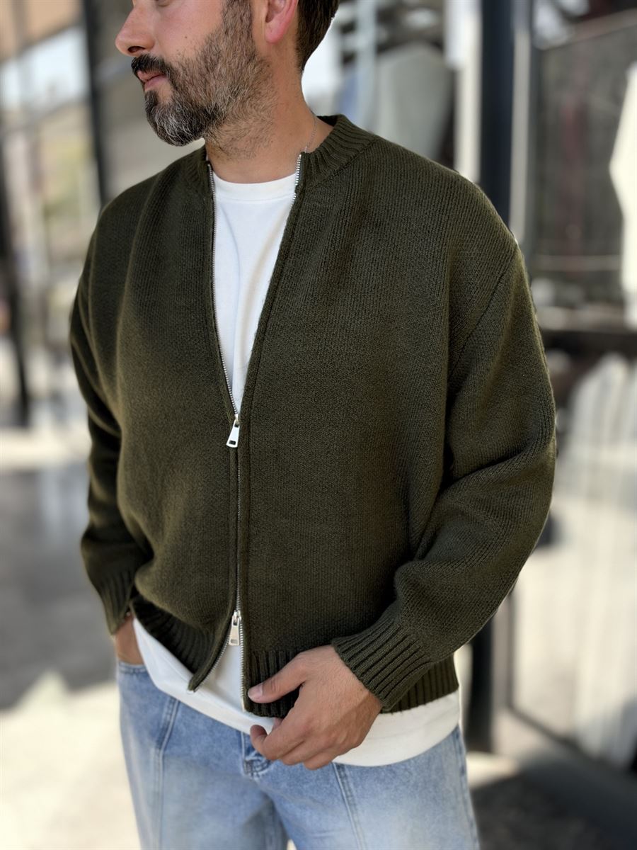 Khaki Basic Zip-Up Knit Cardigan PM-017