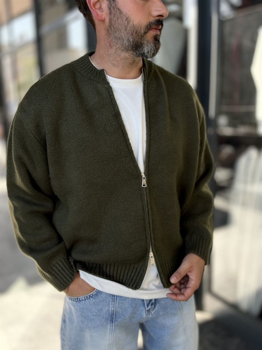 Khaki Basic Zip-Up Knit Cardigan PM-017