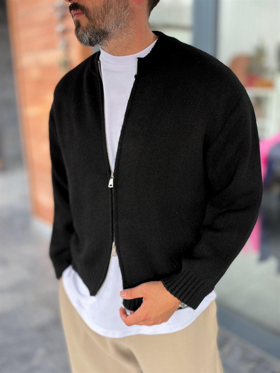 Black Basic Zip-Up Knit Cardigan PM-017