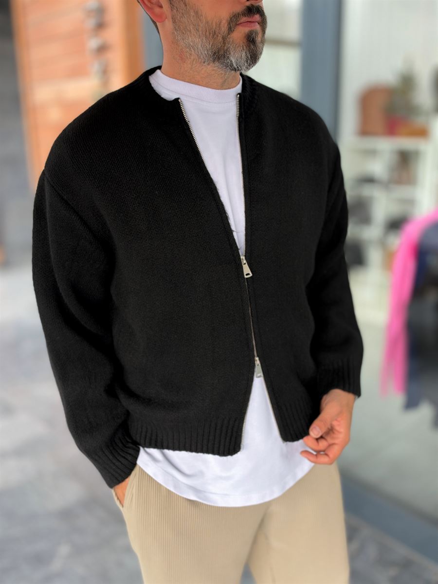Black Basic Zip-Up Knit Cardigan PM-017