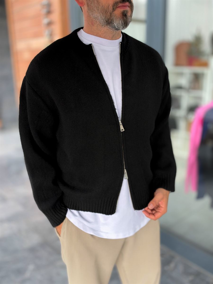 Black Basic Zip-Up Knit Cardigan PM-017
