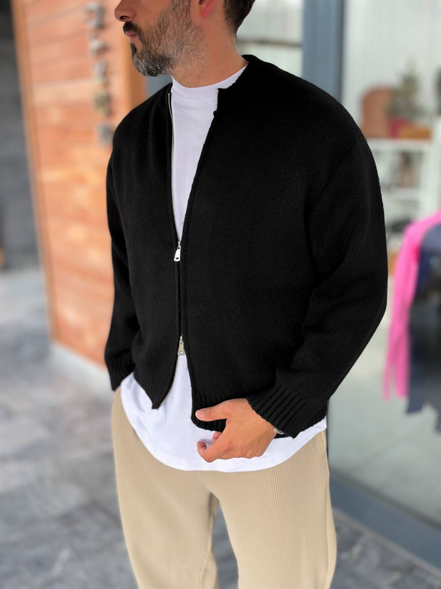 Black Basic Zip-Up Knit Cardigan PM-017