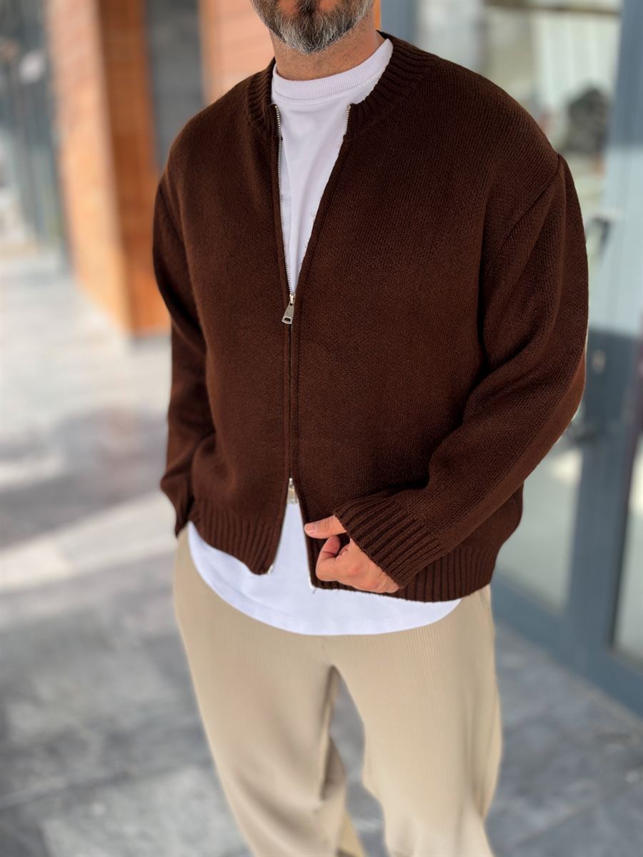 Brown Basic Zip-Up Knit Cardigan PM-017