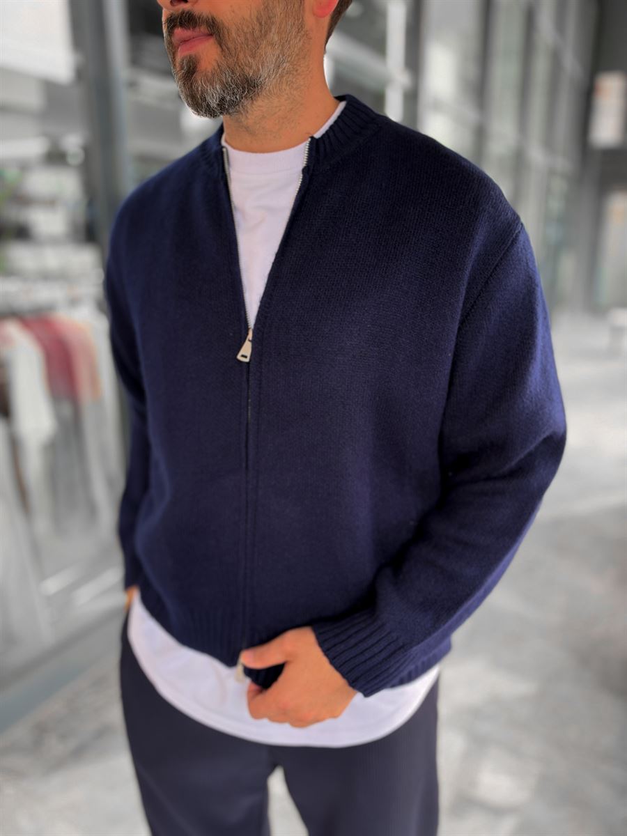 Navy Blue Basic Zip-Up Knit Cardigan PM-017