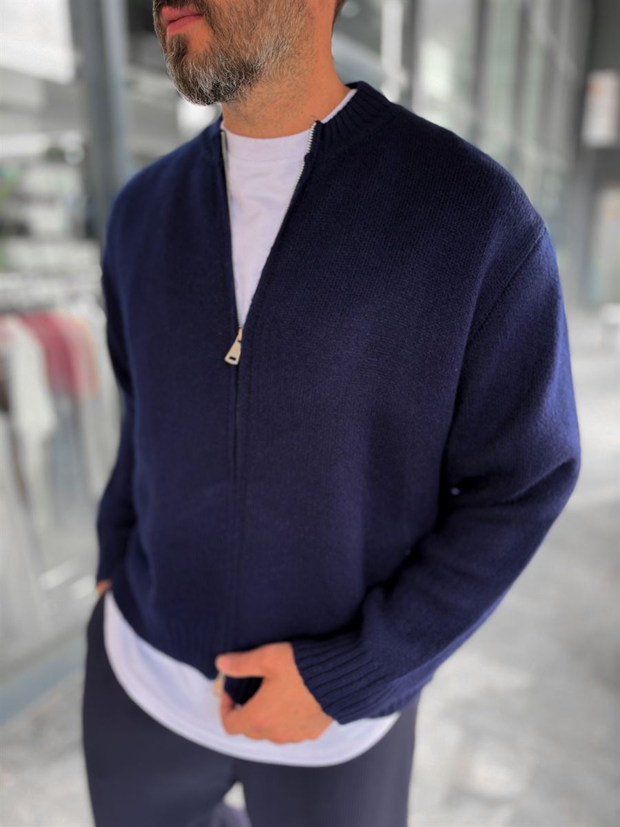 Navy Blue Basic Zip-Up Knit Cardigan PM-017