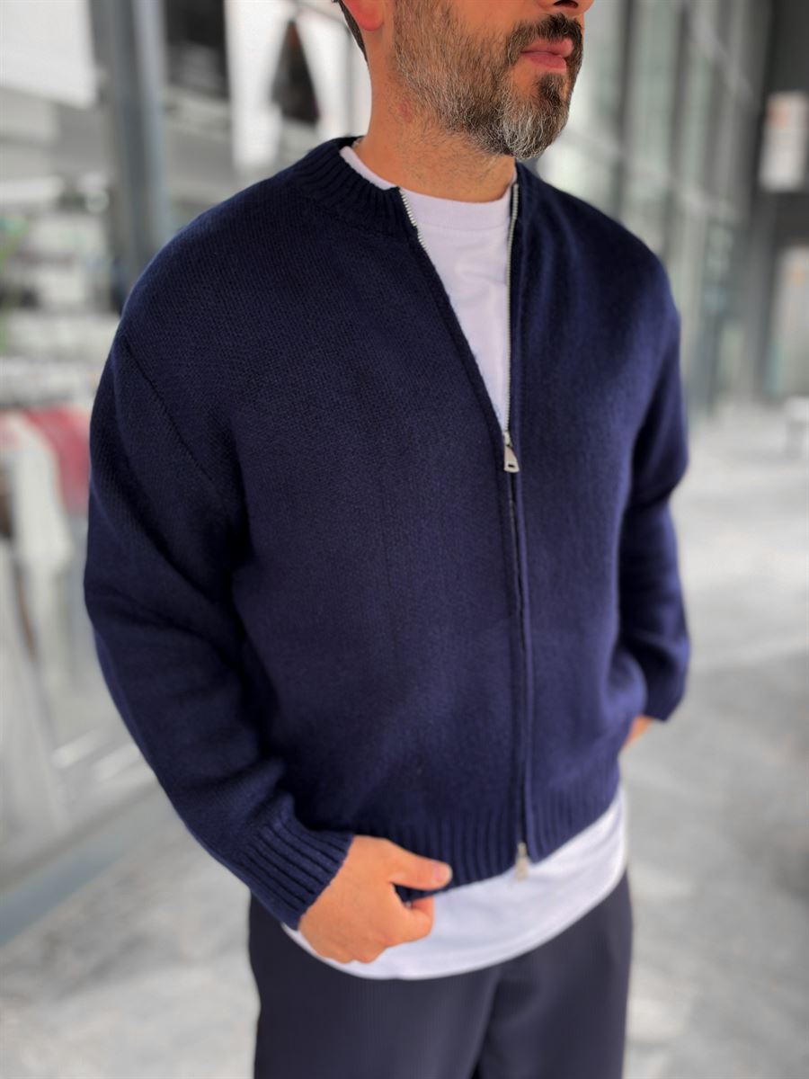 Navy Blue Basic Zip-Up Knit Cardigan PM-017