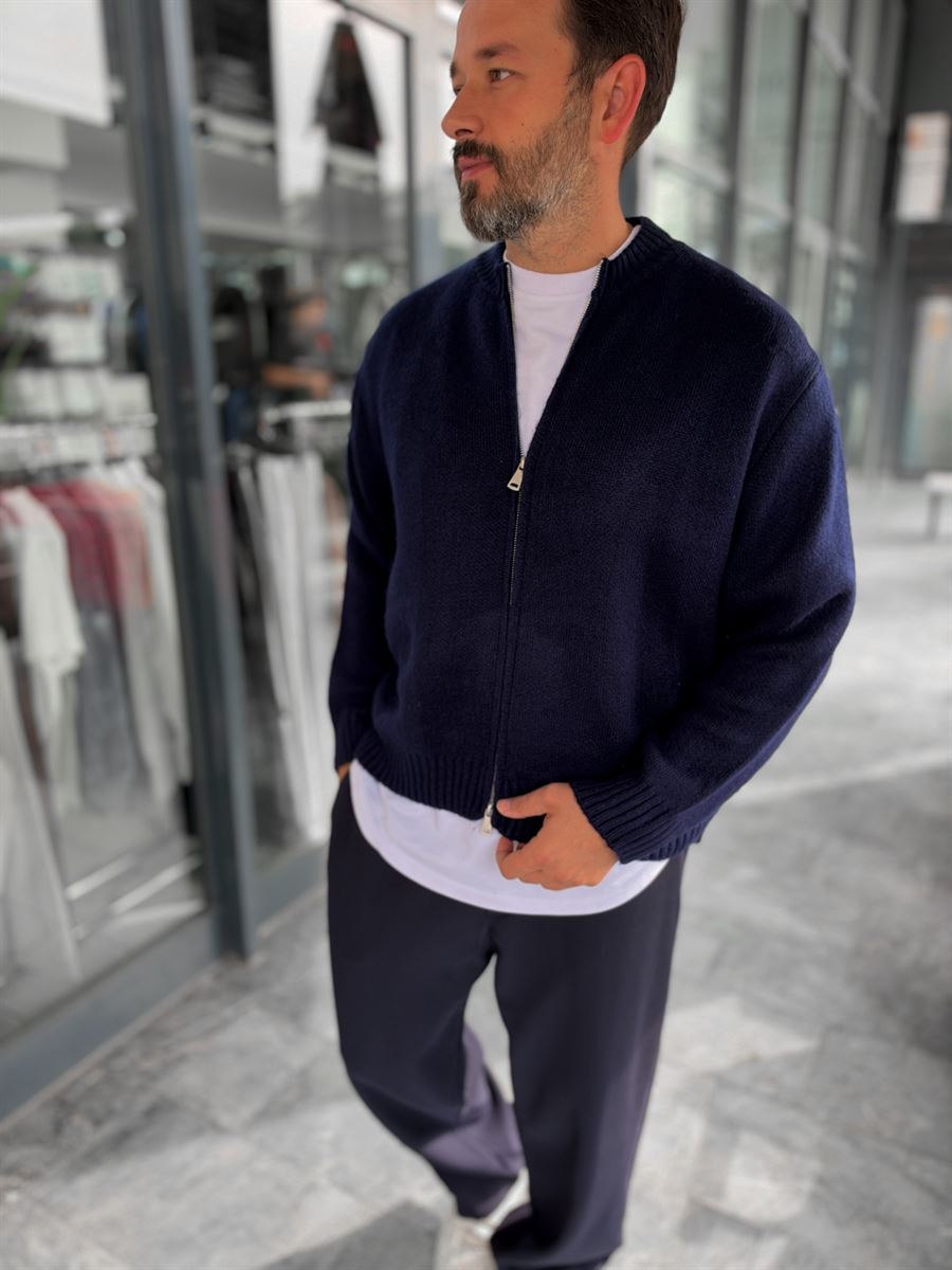 Navy Blue Basic Zip-Up Knit Cardigan PM-017