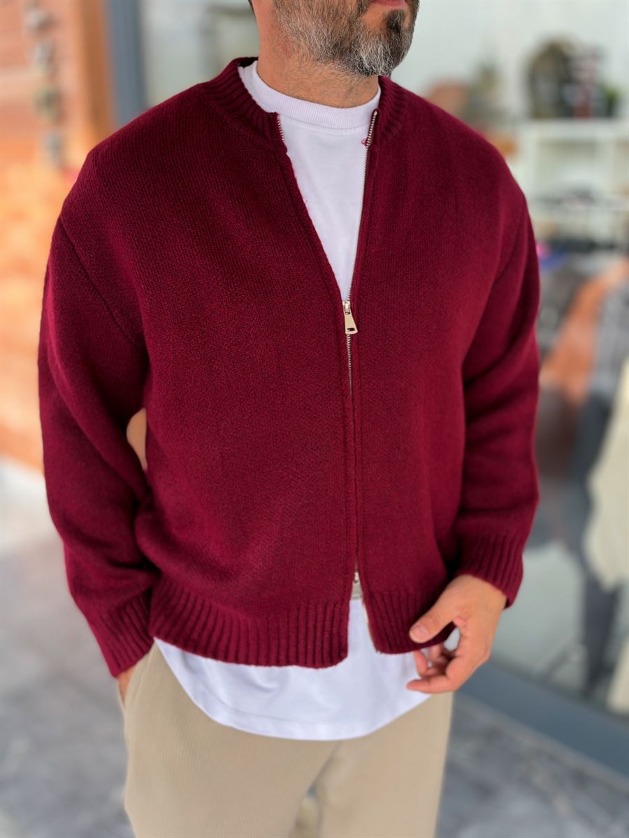 Burgundy Basic Zip-Up Knit Cardigan PM-017
