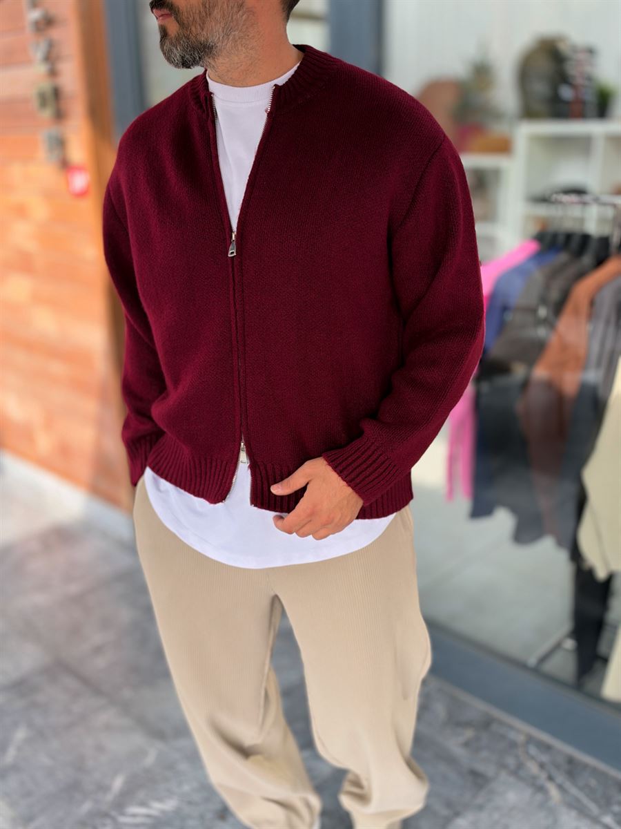 Burgundy Basic Zip-Up Knit Cardigan PM-017