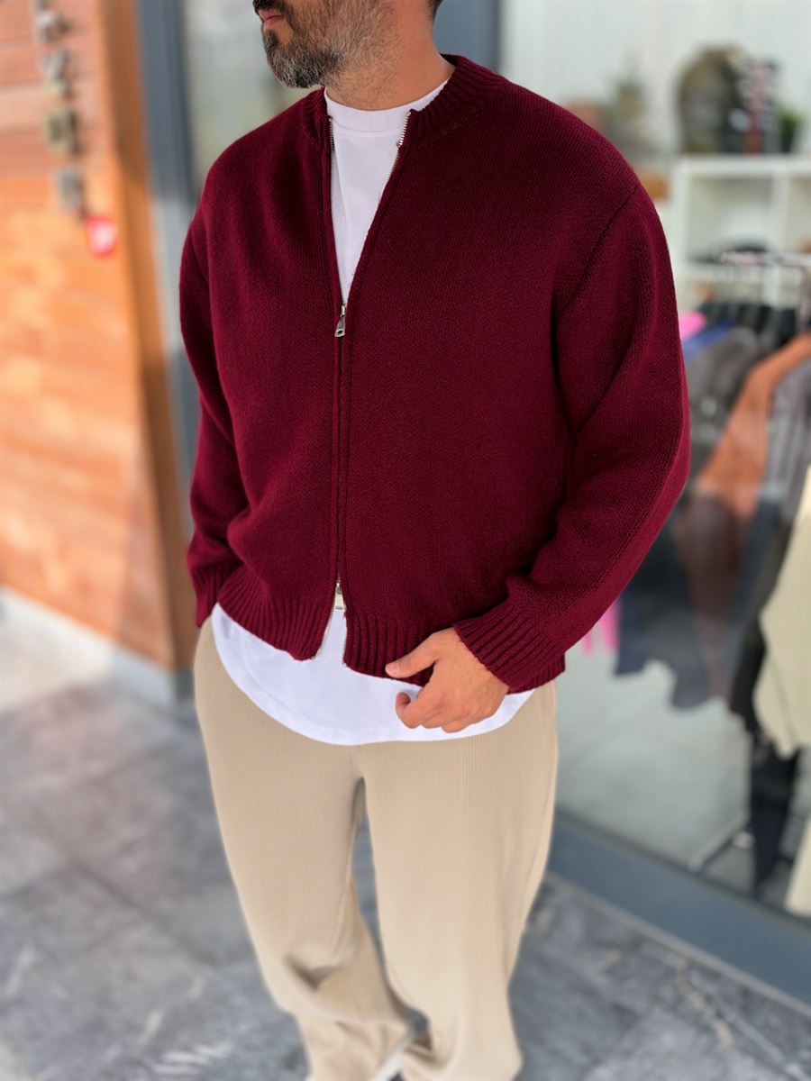 Burgundy Basic Zip-Up Knit Cardigan PM-017