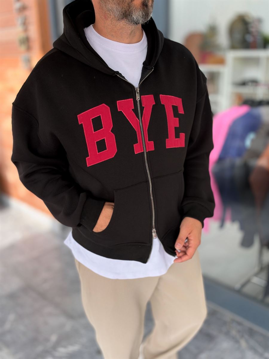 Black Zip-Up Sweatshirt with BYE Patch PM-218