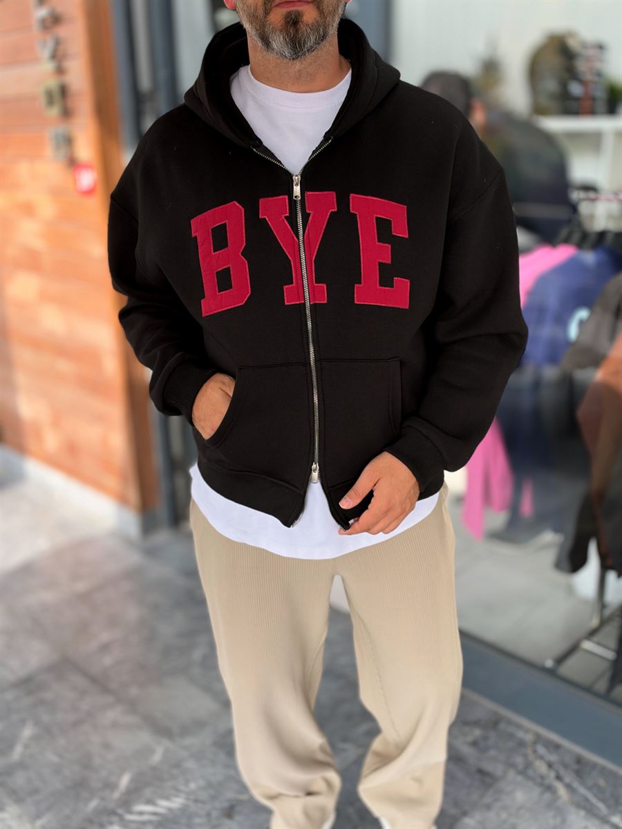 Black Zip-Up Sweatshirt with BYE Patch PM-218
