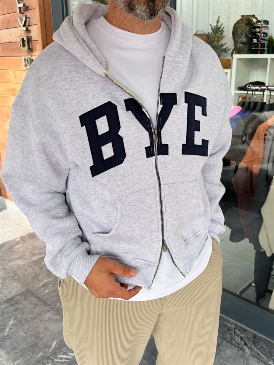 Light Grey Zip-Up Sweatshirt with BYE Patch PM-218