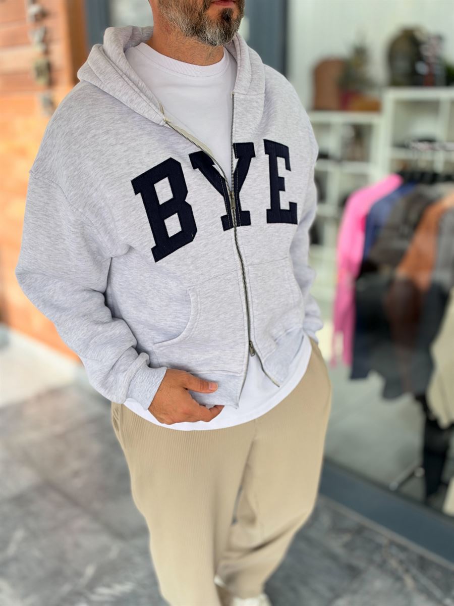 Light Grey Zip-Up Sweatshirt with BYE Patch PM-218