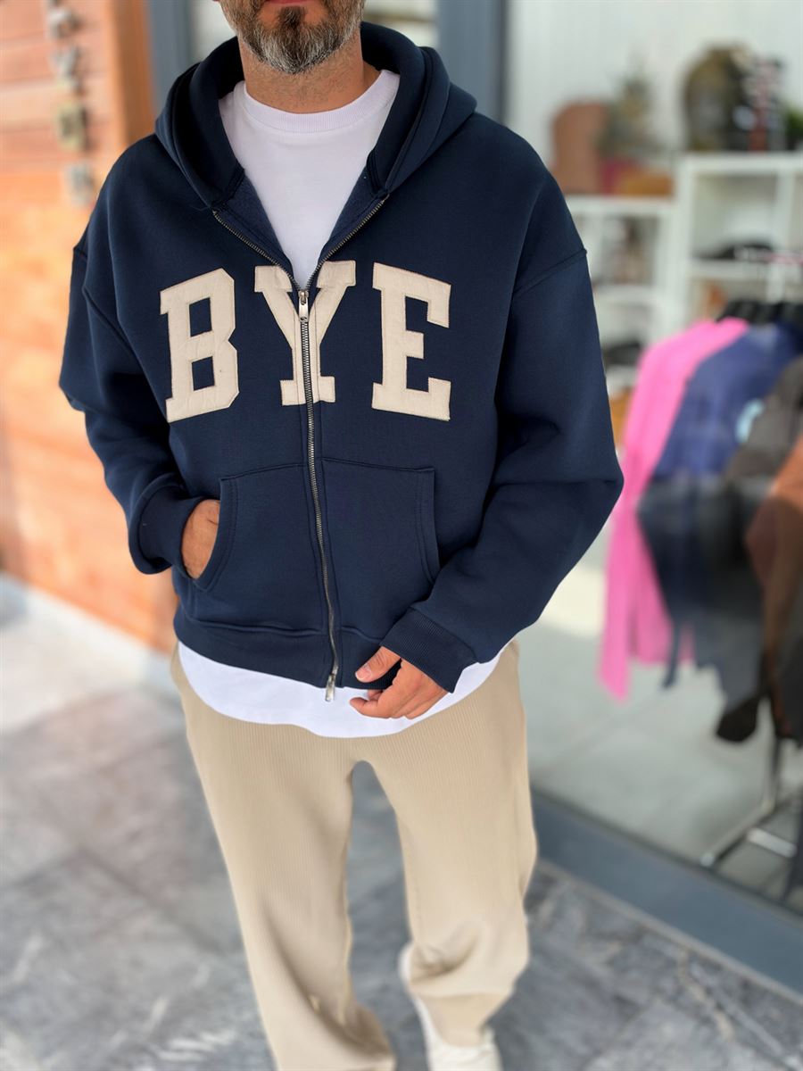 Navy Blue Zip-Up Sweatshirt with BYE Patch PM-218