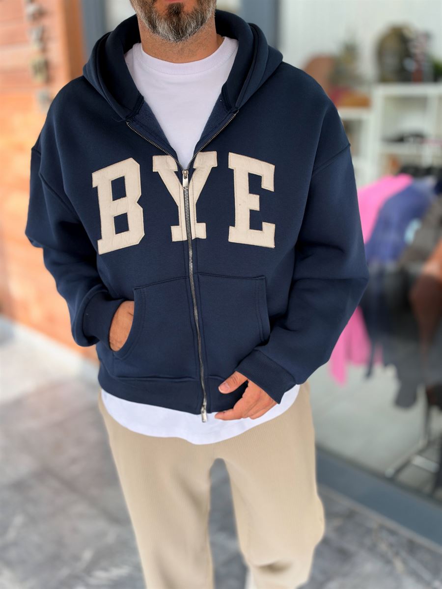 Navy Blue Zip-Up Sweatshirt with BYE Patch PM-218