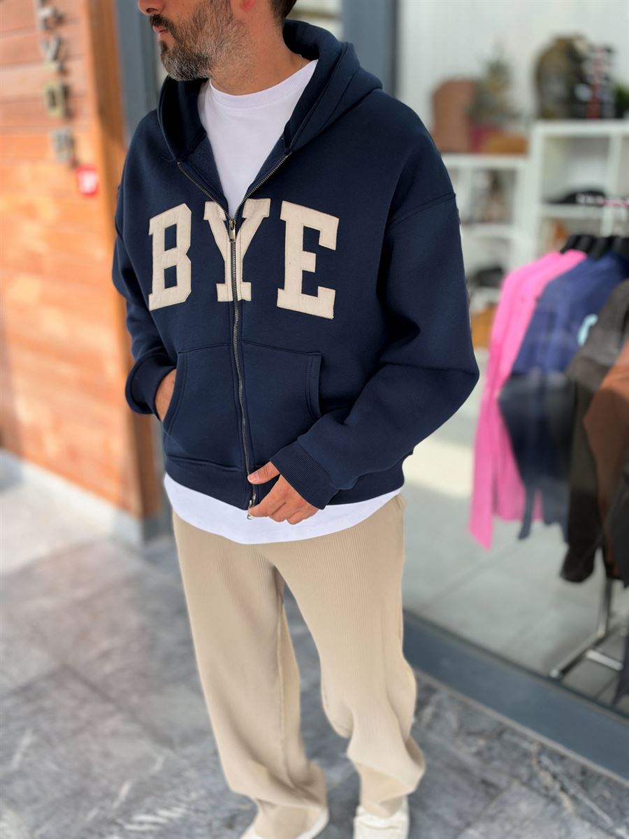 Navy Blue Zip-Up Sweatshirt with BYE Patch PM-218