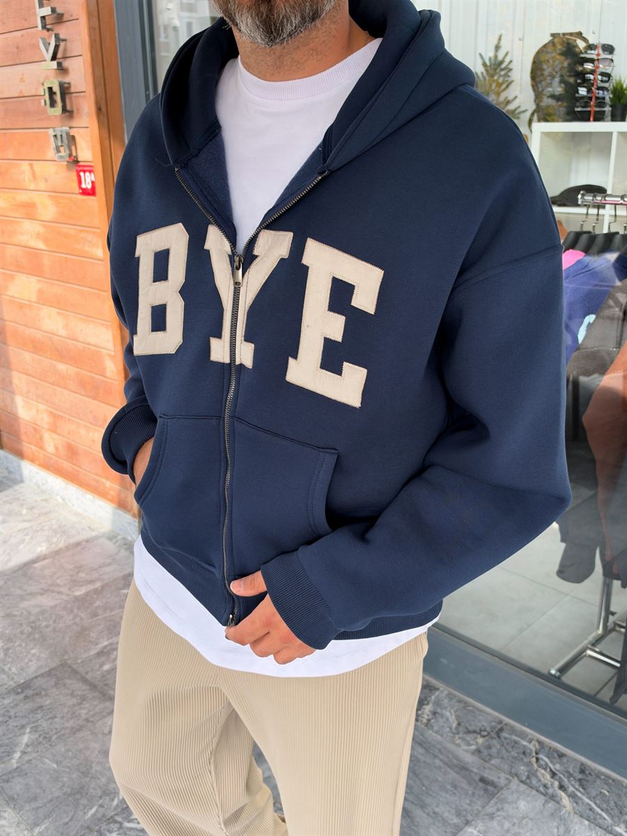 Navy Blue Zip-Up Sweatshirt with BYE Patch PM-218