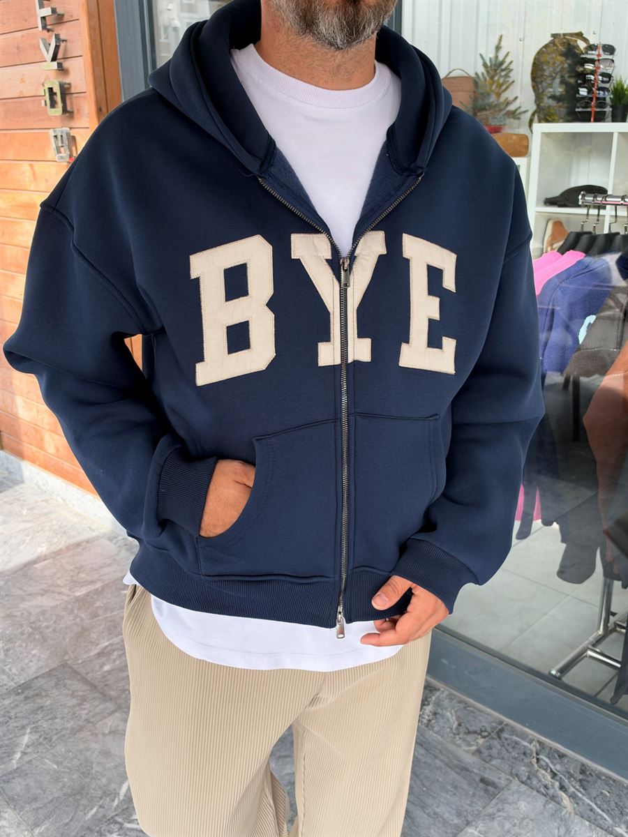 Navy Blue Zip-Up Sweatshirt with BYE Patch PM-218