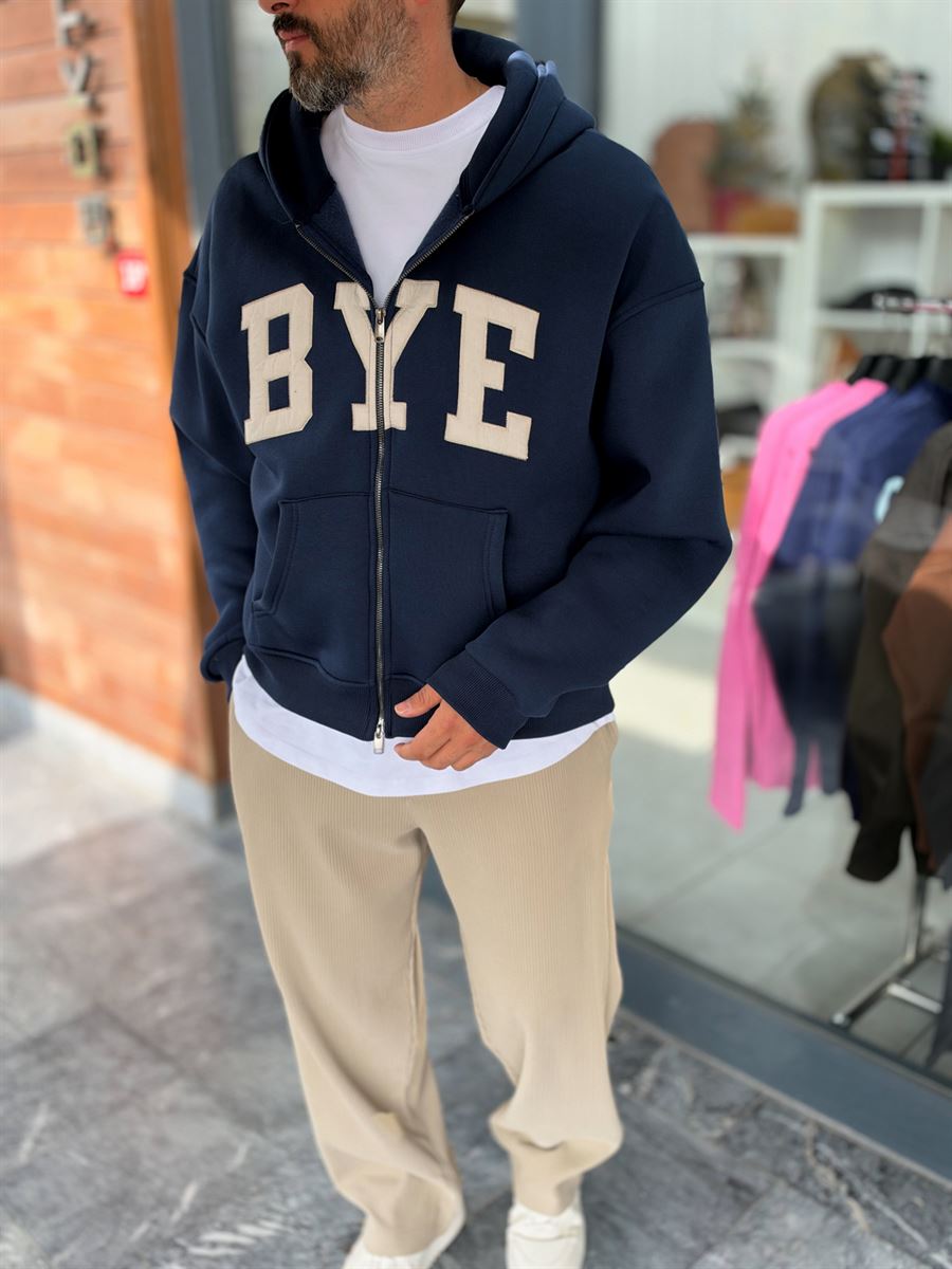 Navy Blue Zip-Up Sweatshirt with BYE Patch PM-218