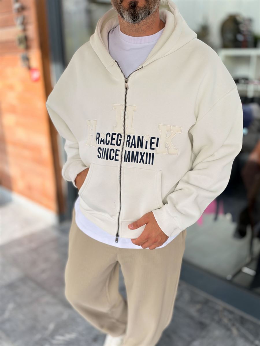White Zip-Up Sweatshirt with HWK Patch PM-222