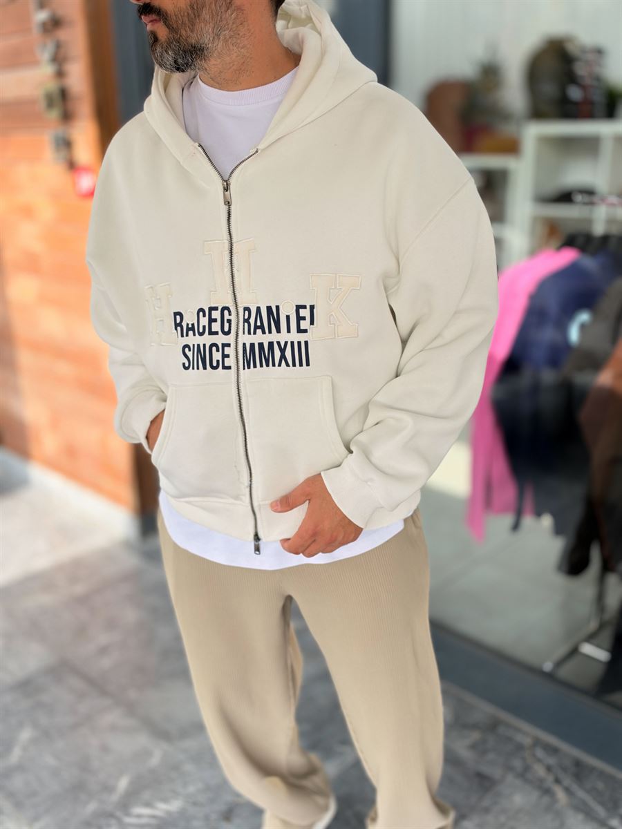 White Zip-Up Sweatshirt with HWK Patch PM-222