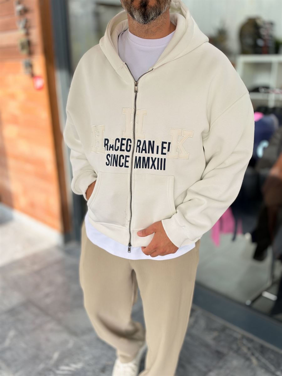 White Zip-Up Sweatshirt with HWK Patch PM-222