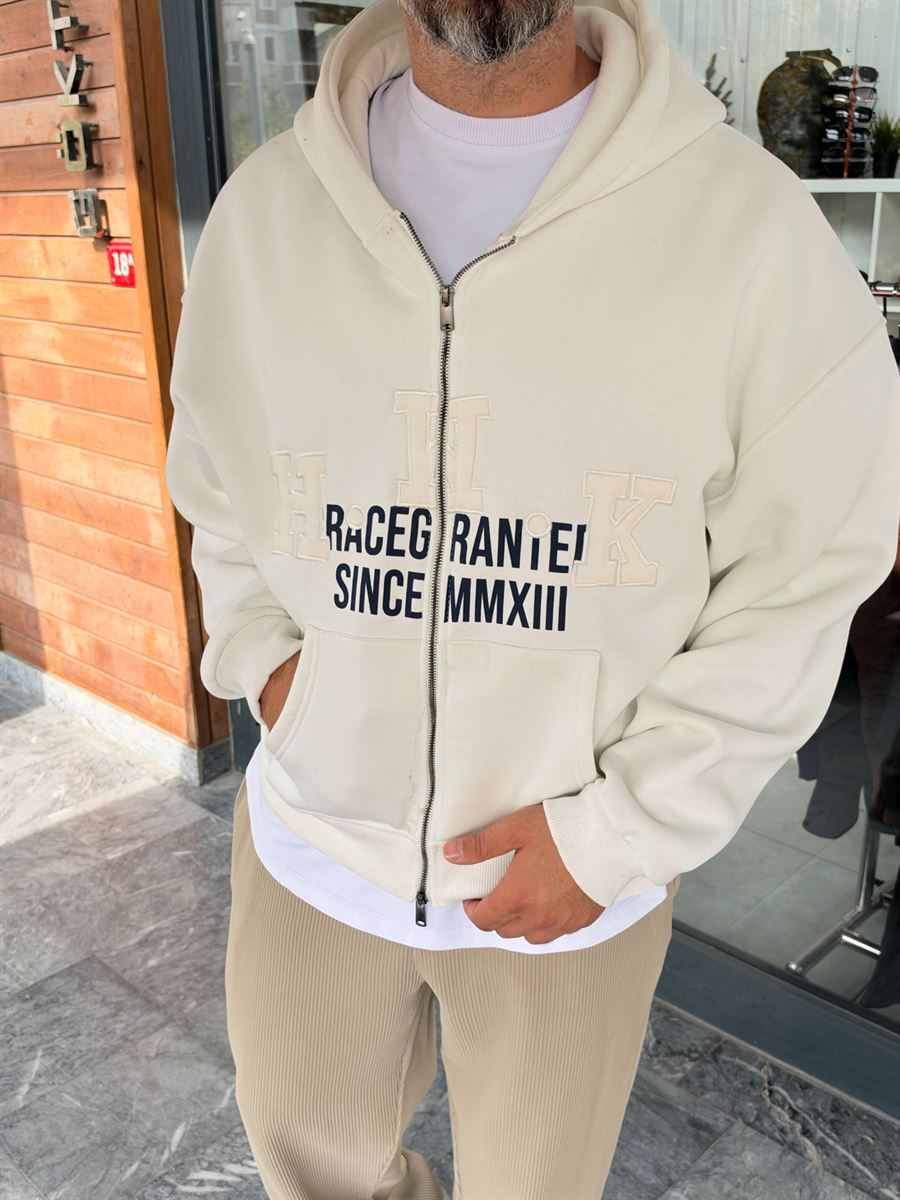 White Zip-Up Sweatshirt with HWK Patch PM-222