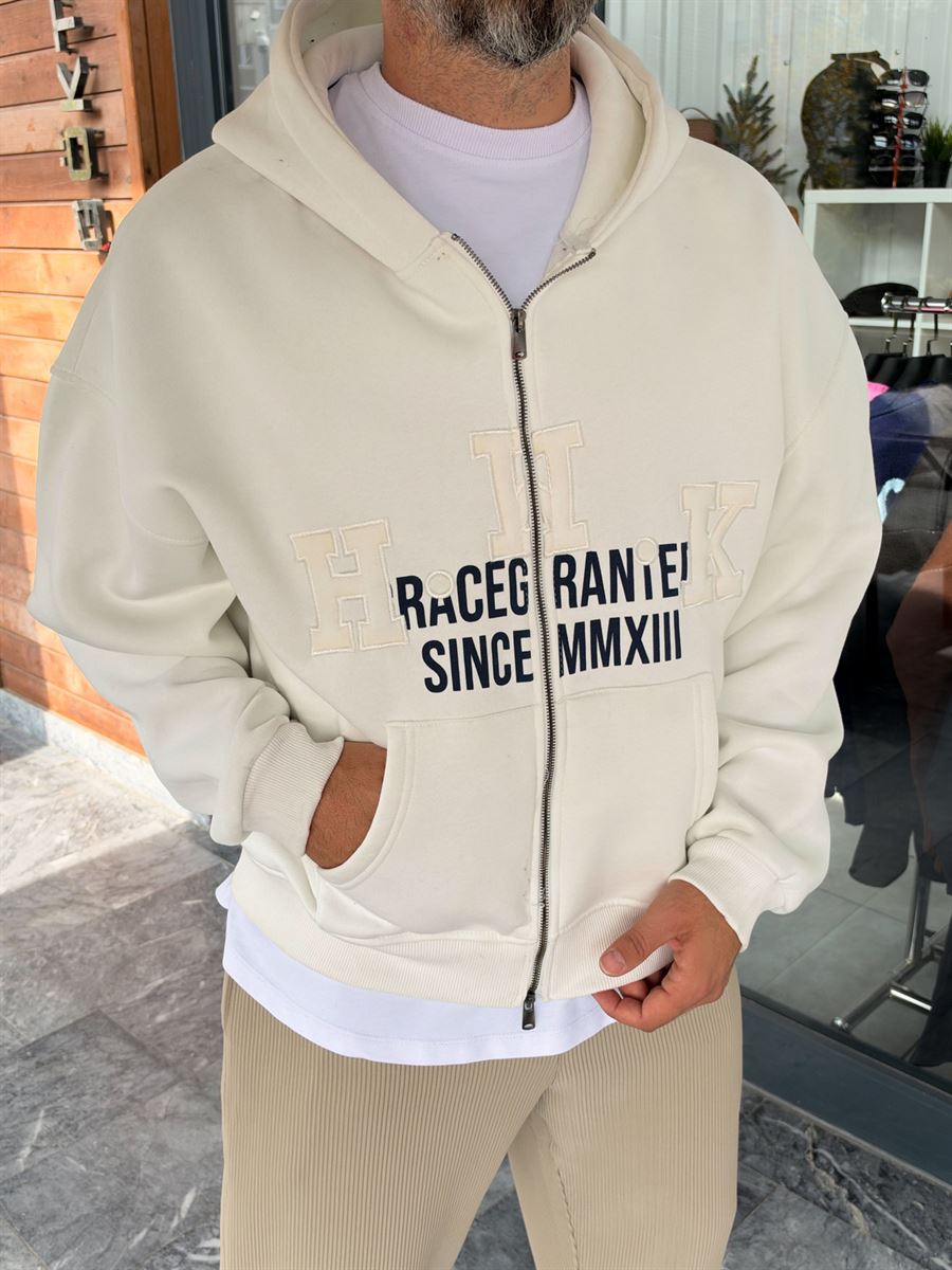 White Zip-Up Sweatshirt with HWK Patch PM-222