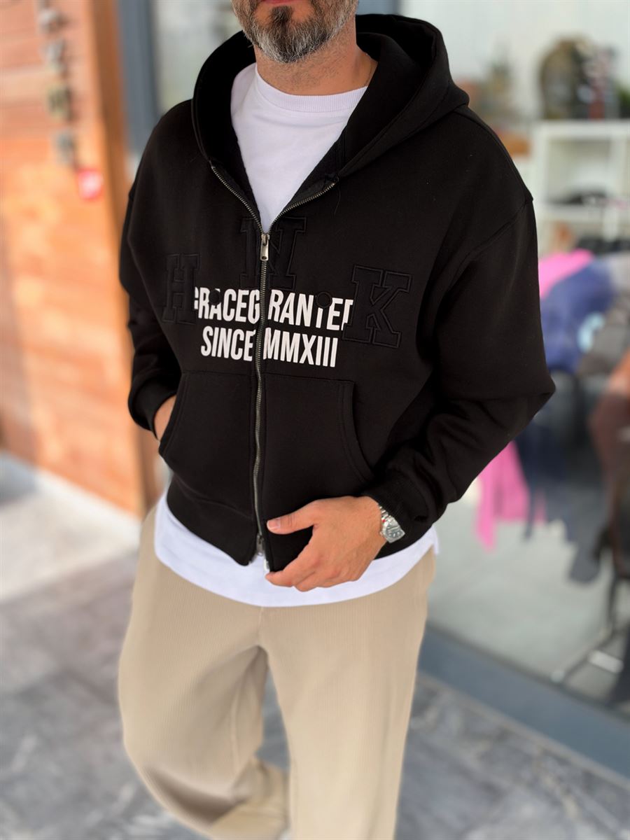 Black Zip-Up Sweatshirt with HWK Patch PM-222