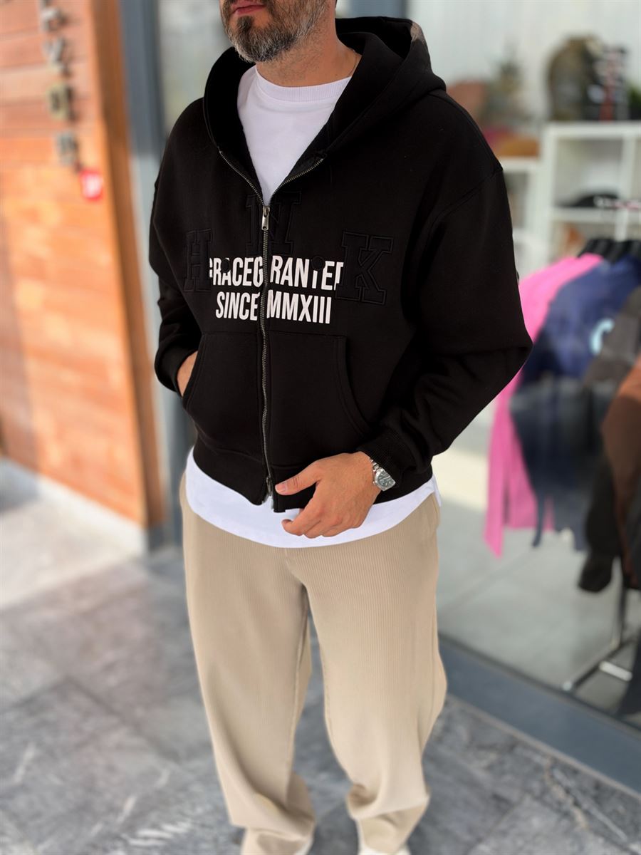Black Zip-Up Sweatshirt with HWK Patch PM-222